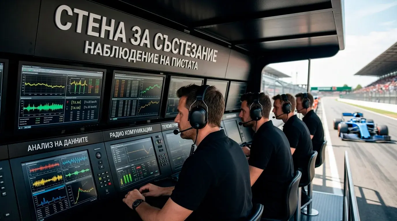 Инженери на пит уолл следят хода на състезанието от Формула 1