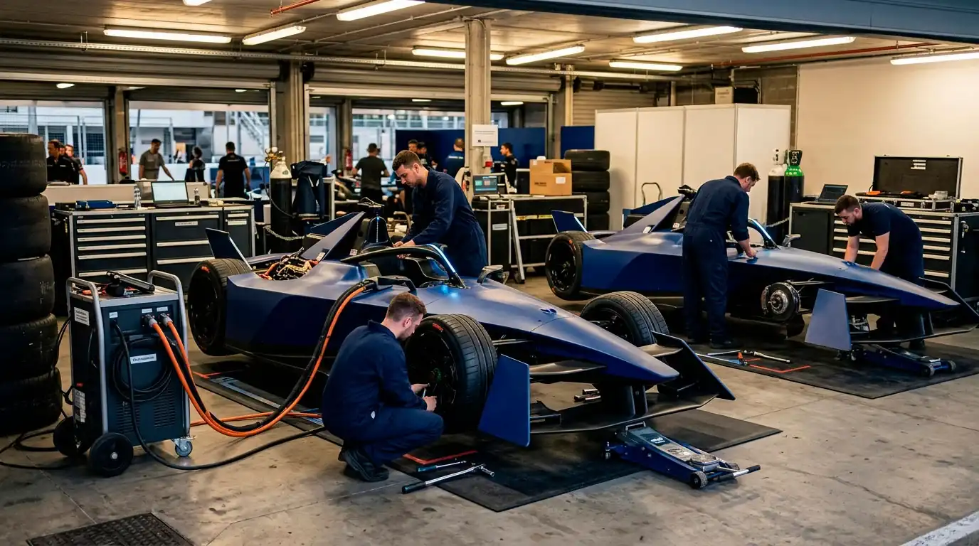 Електрически болиди на Formula E в падока между сесиите