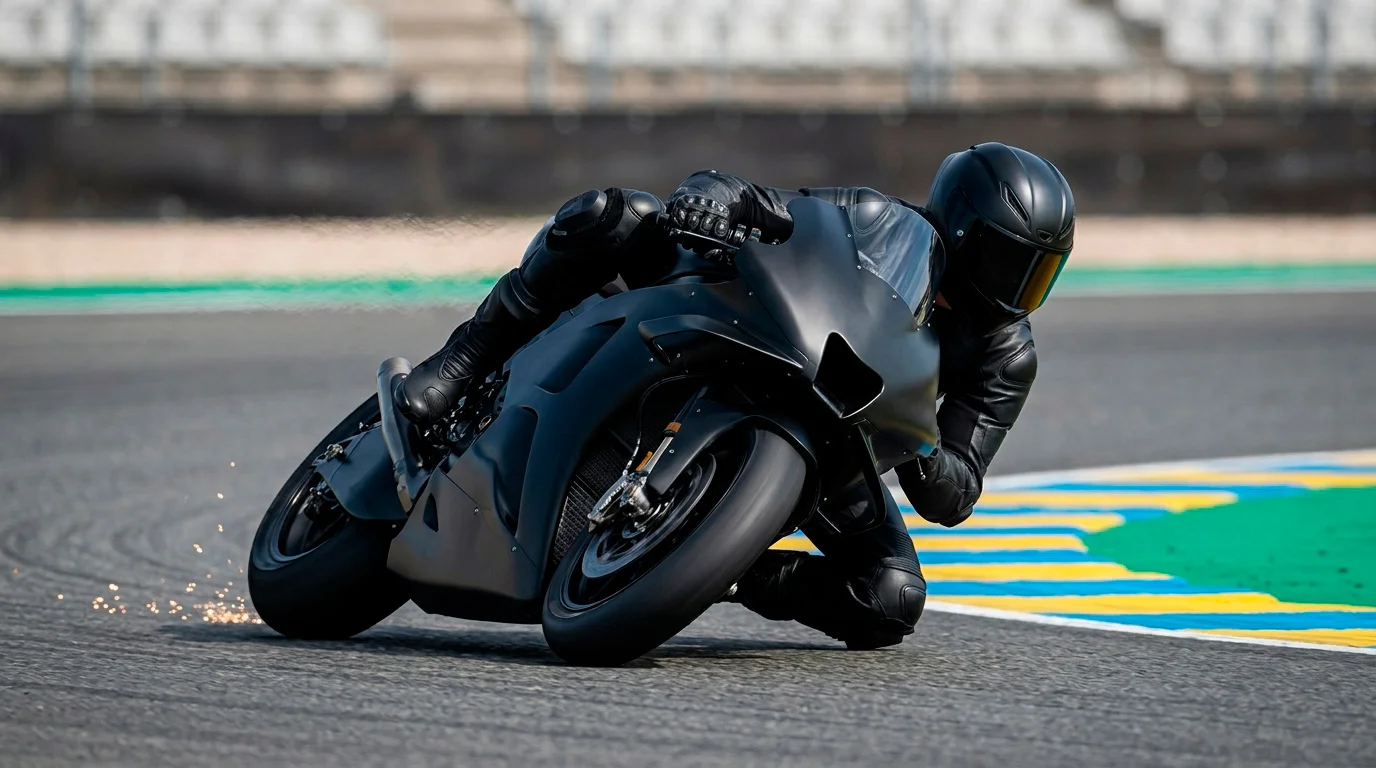 Пилот от MotoGP накланя мотоциклета си ниско в завой с коляно близо до асфалта по време на състезание