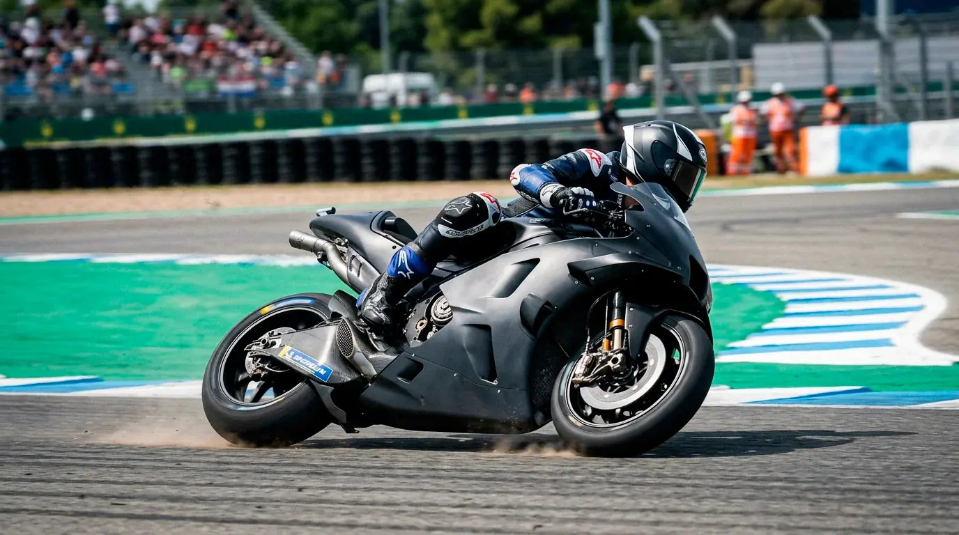 Ездач на MotoGP докосва пистата с коляно в бърз завой