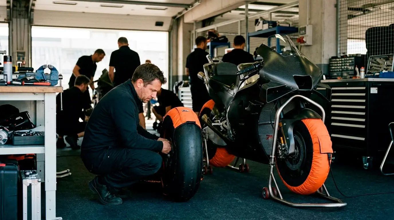 Механик подготвя гумите на мотоциклет от MotoGP в бокса