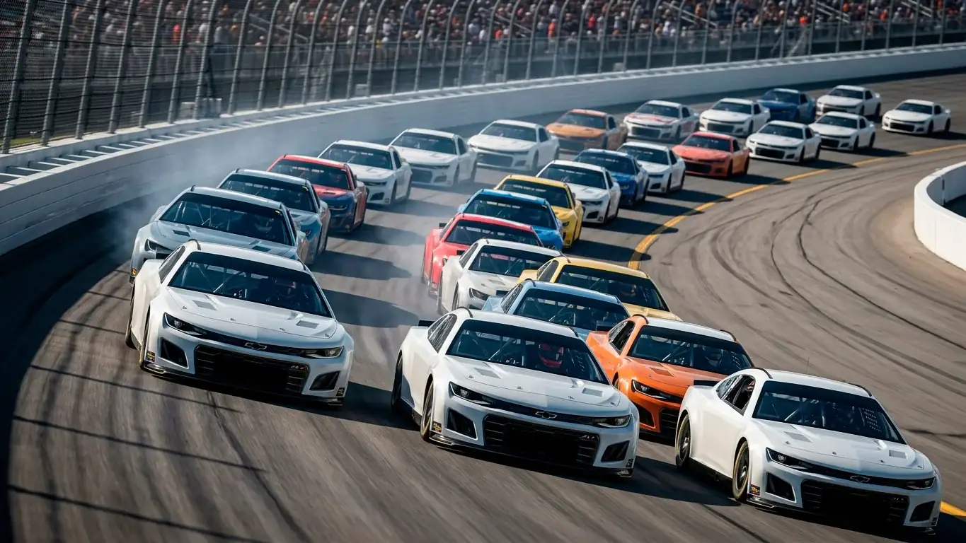 Голяма група стокови коли се движат в плътна група при NASCAR