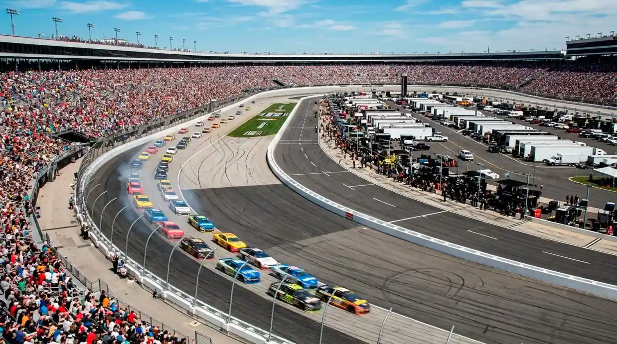 Овален NASCAR стадион с пълни трибуни преди старта