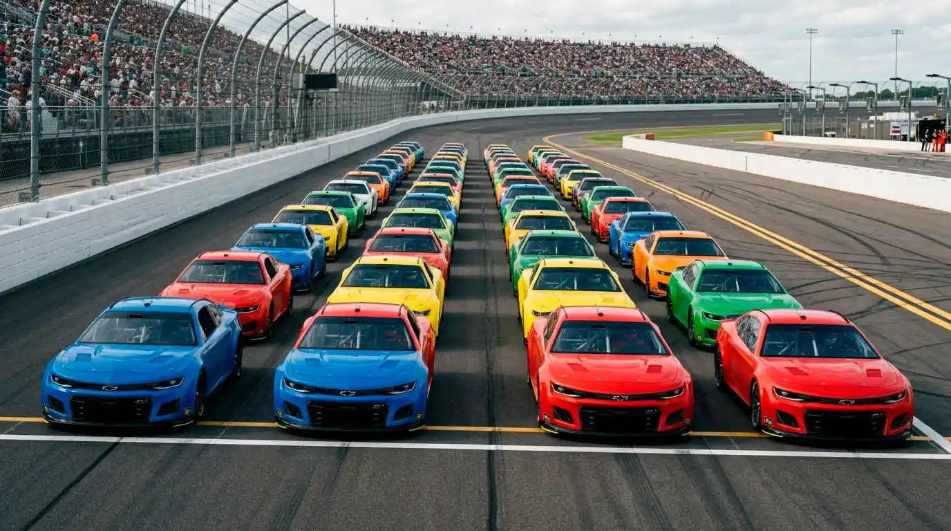 Стокови коли се подреждат за рестарт на NASCAR състезание