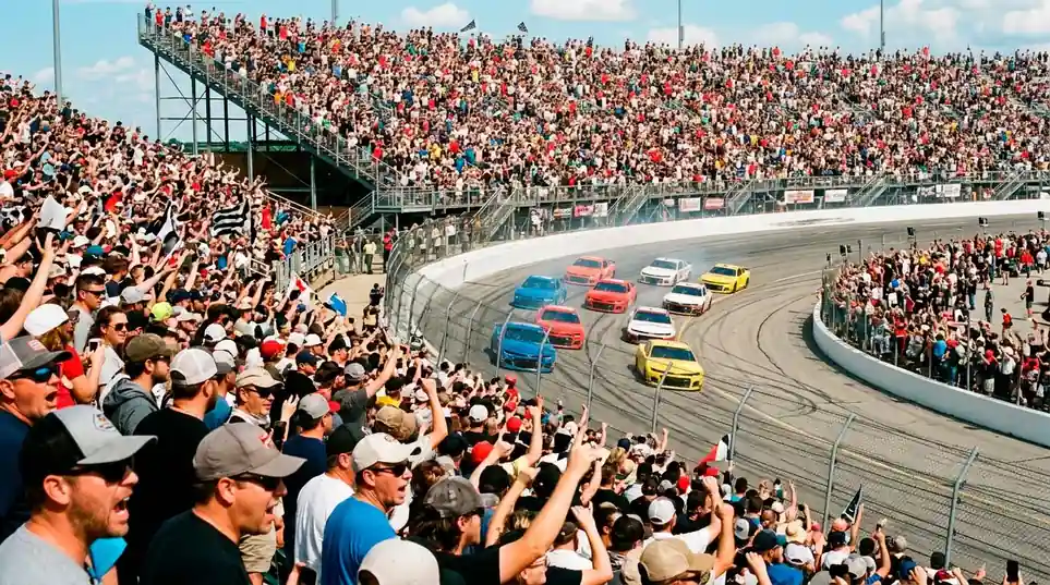 Зрители наблюдават NASCAR състезание от трибуните
