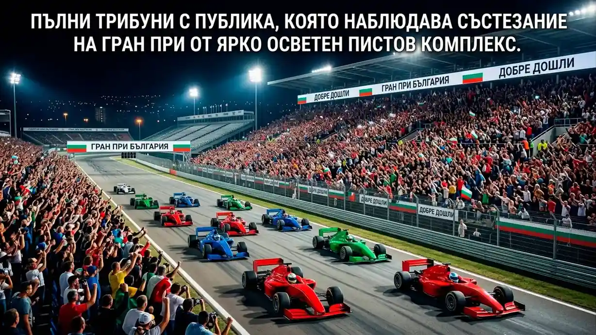 Пълни трибуни с публика, която наблюдава състезание на Гран При от ярко осветен пистов комплекс