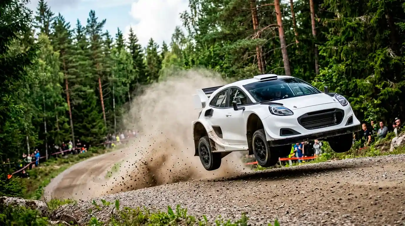 Рали автомобил подскача на горски участък от WRC