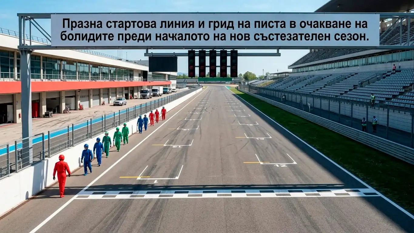 Празна стартова линия и грид на писта в очакване на болидите преди началото на нов състезателен сезон