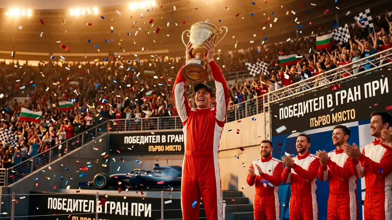 Победителят във Формула 1 вдига трофея на подиума