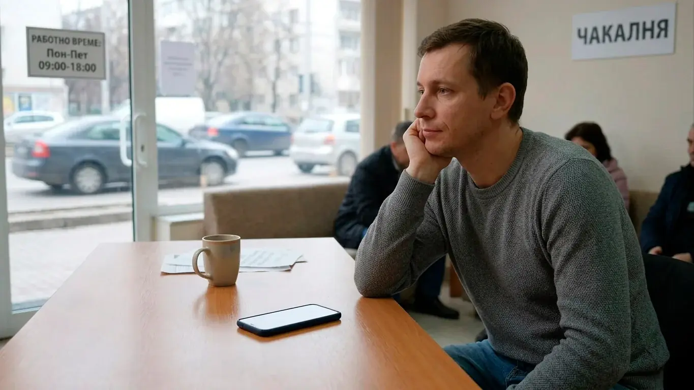 Човек изчаква обработка на тегленето край телефона си